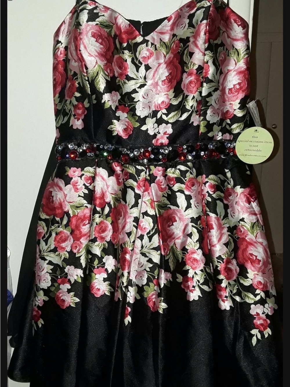 Floral Party Dress size 13- Black with Pink Rose Print